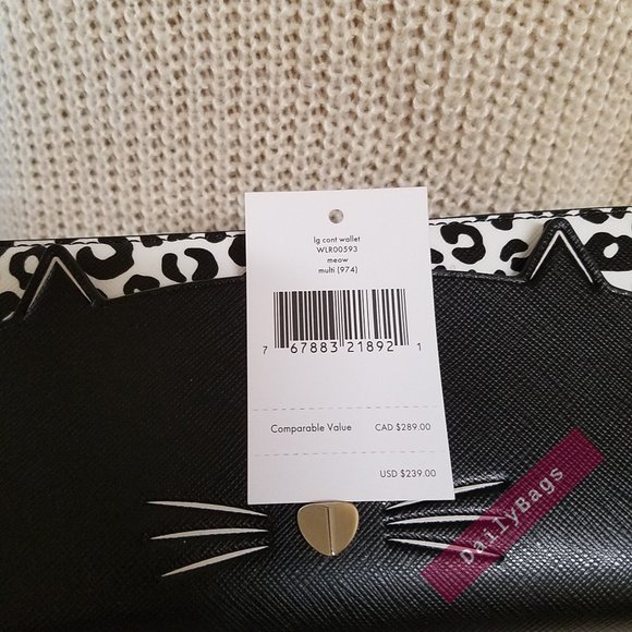 NWT KATE SPADE 100% AUTHENTIC MEOW CAT CONTINENTAL WALLET BLACK WHITE LEOPARD - Picture 7 of 7